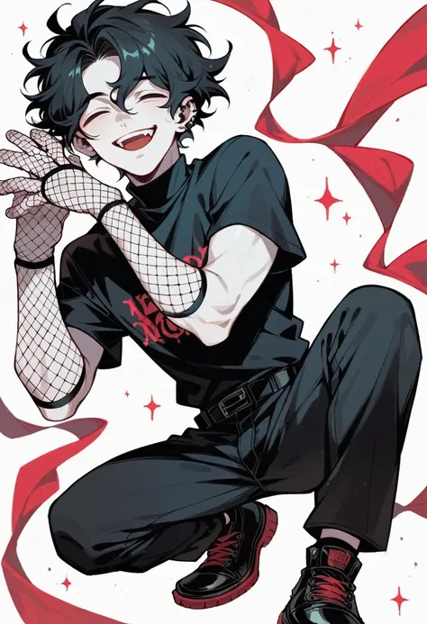 A short goth boy using turtleneck shirt, pale skin, net glove, black pants, black shoes. He have a happy smile in his face, a medium wavy hair that covers his entire face