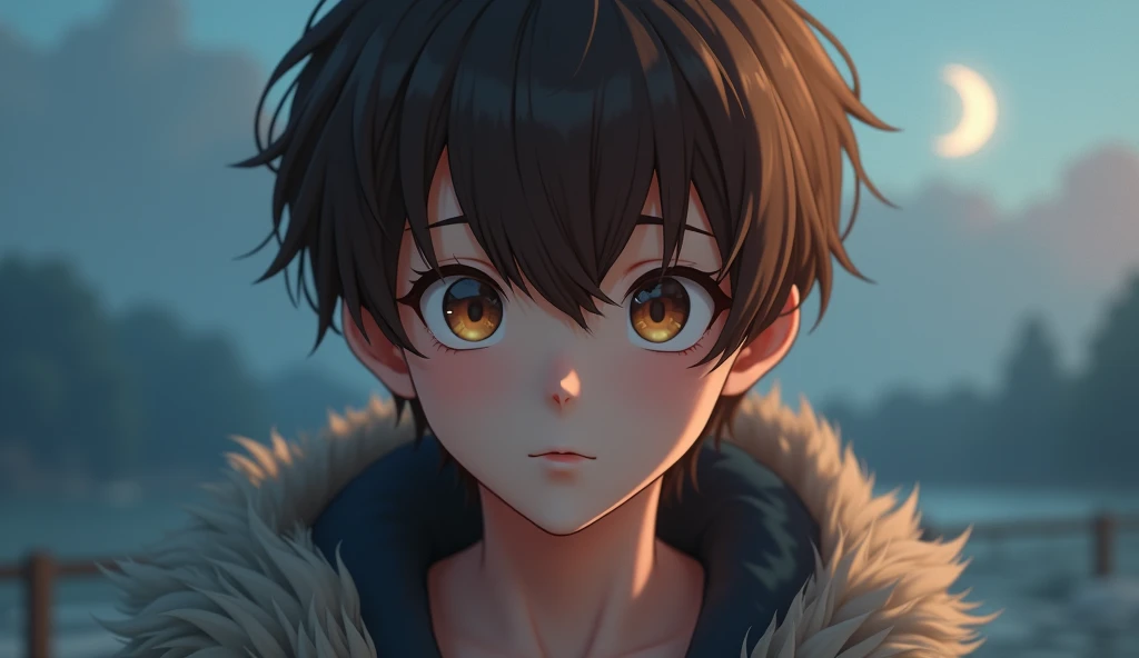 ( like fur:1.2), Realistic fur, Down to the last detail, Big Eyes, I want to create an entire image in 3D anime style, Alone,  watch viewers,  short hair , bangs, Brown Hair,  1 boy,  Brown Eyes ,  closed mouth ,  upper body,  male focus , Blurred, lips, m...