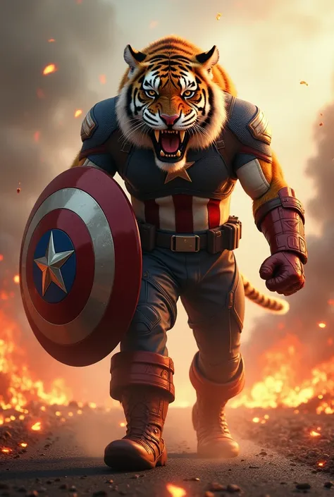 Captain america and big tiger with hybrid mix picture on fire roads with show effect roaring 