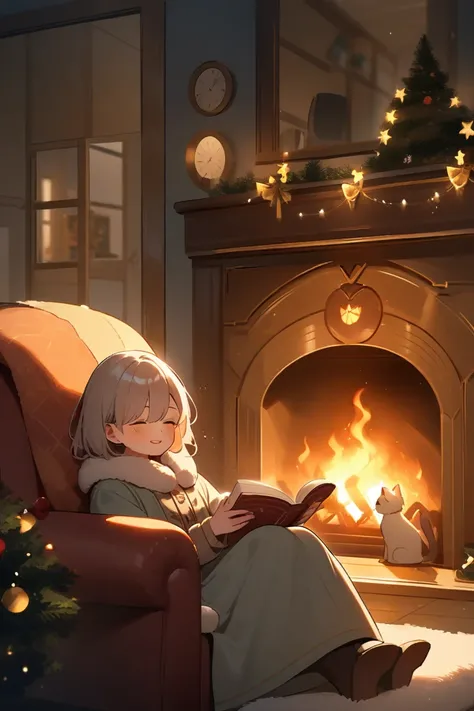 In a cozy, warmly lit room near a crackling fireplace, a charming teddy bear is comfortably seated in an armchair. He is enthusiastically reading a magical book of fairy tales, and the soft light of the fire illuminates the pages and his cheerful face. Nex...