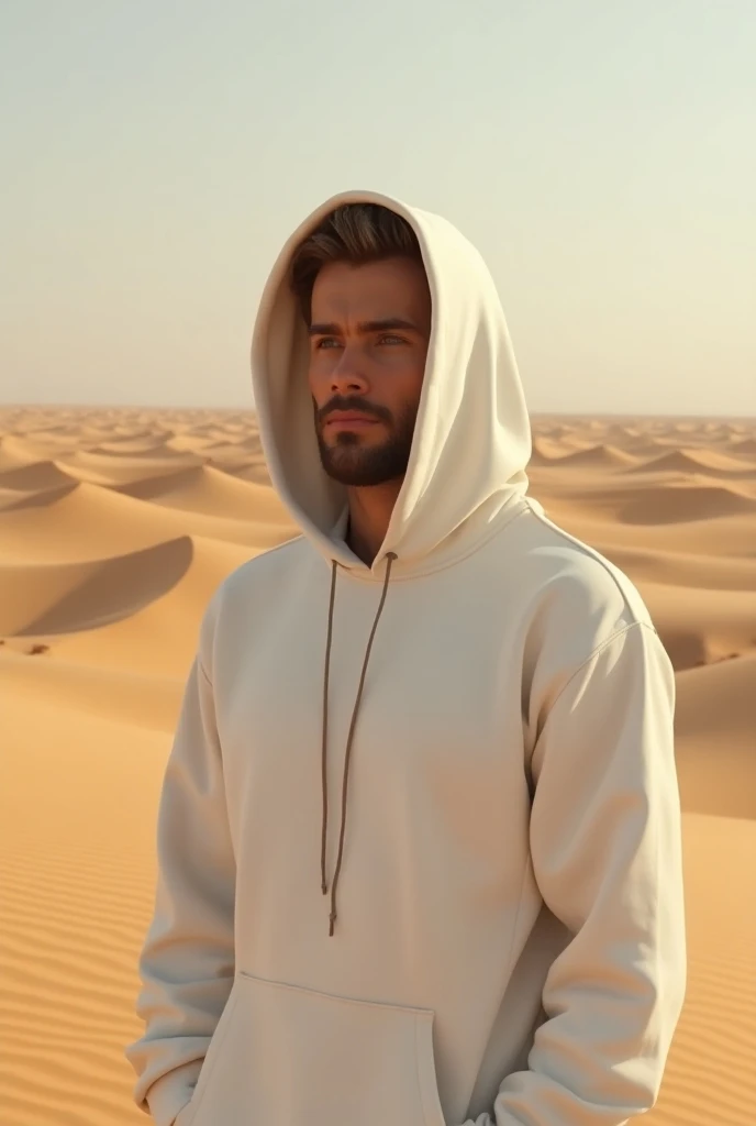  man wearing a white hoodie, high resolution, Sand dunes background