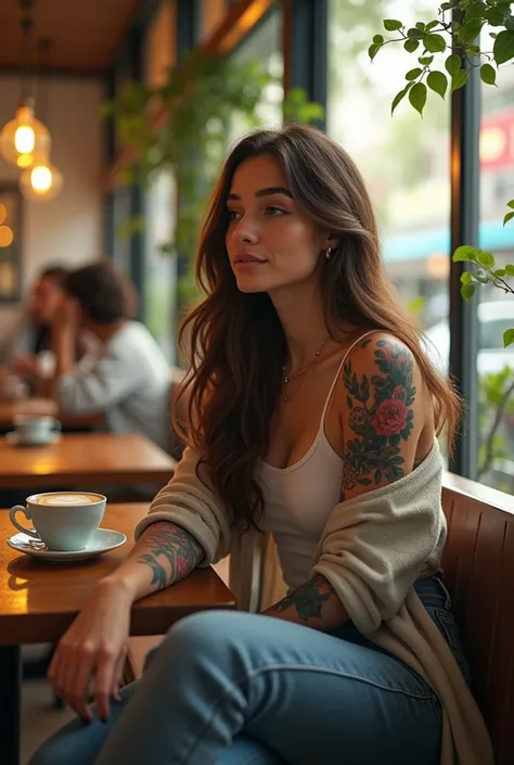 A young woman with long, wavy brown hair and a tattooed sleeve featuring vibrant floral designs, sitting in a cozy, modern café. She is wearing casual, stylish clothing suitable for a relaxed coffee outing – perhaps a fitted top and a light jacket with jea...