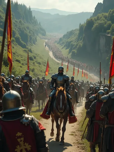 A massive procession of medieval soldiers, horses, and banners winds through European valleys and forests. Richard rides at the front on a grand warhorse, with his armor catching the sunlight. The landscape is lush and challenging, illustrating the arduous...