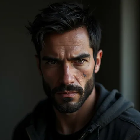  Create an image of a man between 28 and 30 years old . Strong, defined features ,  with a serious and intense expression .dark eyes, almost black.dark hair,  slightly messy ,  that he wears casually .a light beard.  Tall and with a strong physique ,  with...