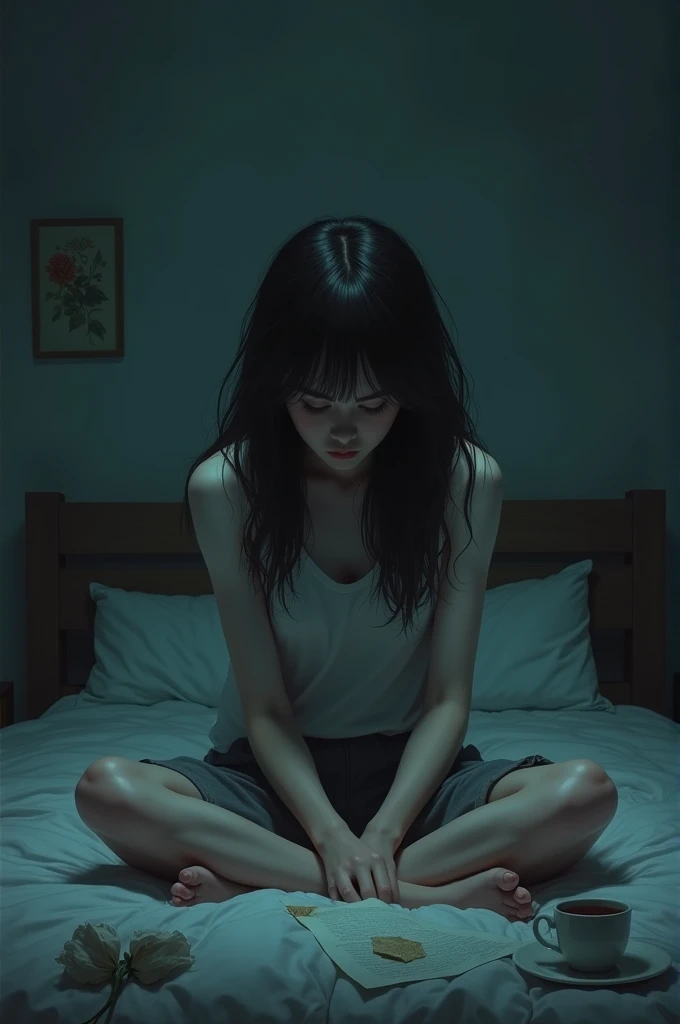  Image of a young woman sitting on the bed with a sad posture that things are not working out, in a room with gloom 