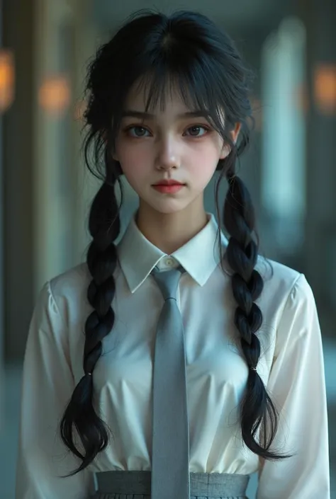 Photo, dark atmosphere, pretty Korean female teenager, big wide blue eyes, wearing white collared shirt, light gray necktie, light gray school skirt, thin bang, long messy black hair, low twin tail, pale white skin, small lips, master piece, photorealistic...