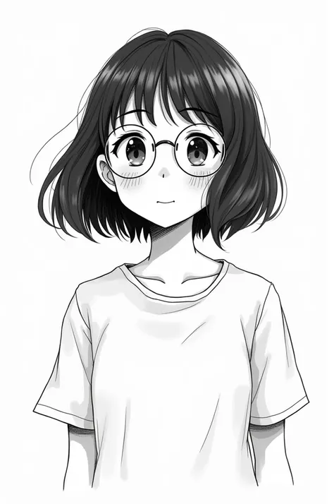 A black-and-white manga-style illustration of a cheerful girl with a friendly smile, wearing round glasses and a white shirt. She has a gentle expression and looks approachable, with smooth shading and line work to give her a classic manga appearance.