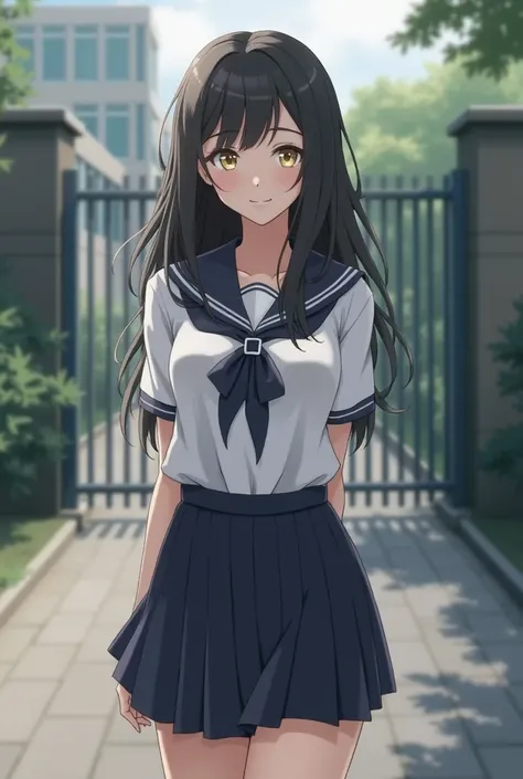 Female high school student with semi-long black hair, big breasts, gentle expression, short skirt, texture like a live action of a school gate