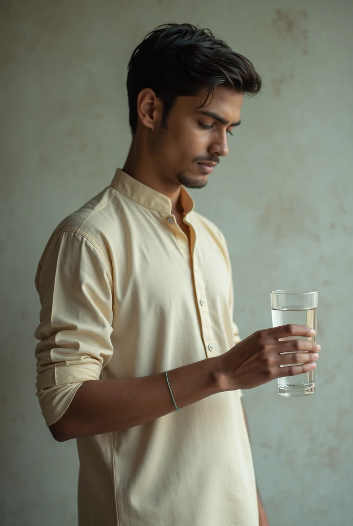 A 25-year-old Indian boy standing with a glass of water in his hand1920*1080