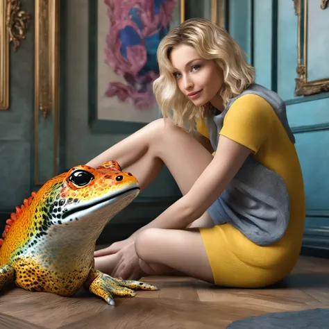 photorealistic image of a 18 year old busry woman with happy expression, peeking from a neck opening of a highly detailed and realistic tight salamander costume,she puts her hands and feet on the floor. The blond woman appears to be playfully wearing the c...