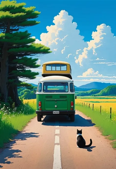 (Minimalismo: 1.4), taxy on the road, German van, Ghibli studio art, Miyazaki, meadow with blue sky and white clouds, back view of Matsu girl and cat at the bus stop,