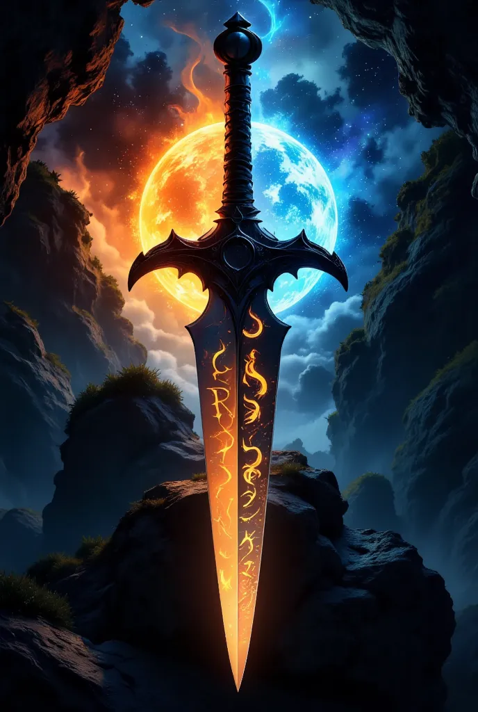 dark sword, ominous aura emanating from the blade, sharp silhouette with an eerie silver lining, arcane rune markings etched int...