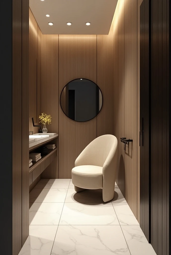 Professional 3d architecture rendering design of modern and minimal and high tech design for  elegant circular  standard space   For  change dressing and drying body at the bathroom   And  this space separate with  bathroom with wooden lines side by side  ...