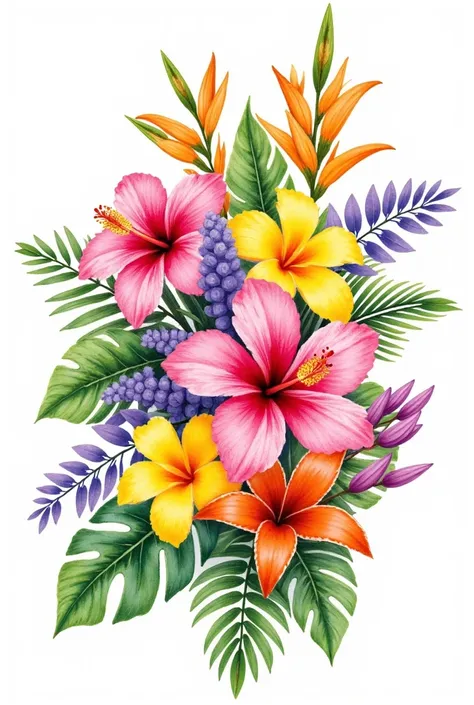 image features a vibrant and colorful arrangement of tropical flowers and foliage, depicted in a watercolor style. The various flowers, such as hibiscus and lilies, are illustrated with rich hues of pink, yellow, orange, and purple, creating a lively and e...