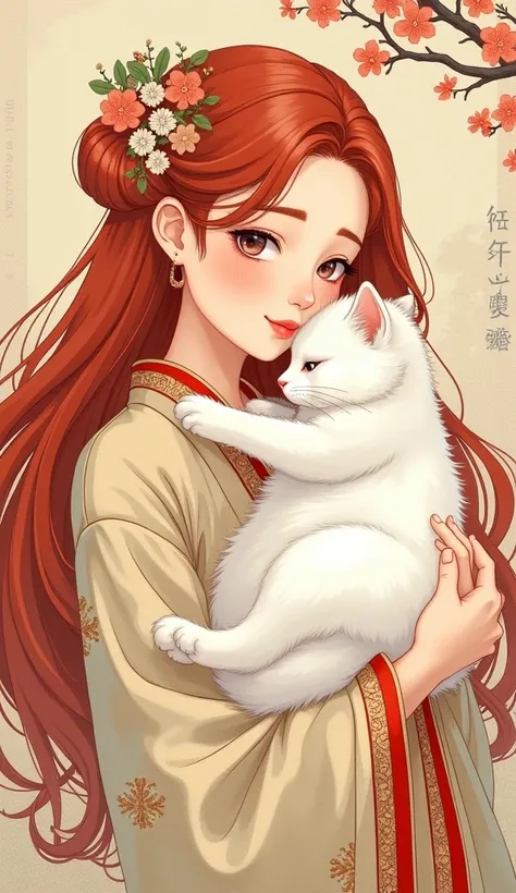 Artistic illustration of a beautiful Japanese woman holding a white cat, warm tones, Trevor Brown Cloisonne style, also known as Artemis or Celine Jinsung Lim, gentle, calm and caring pose, red hair girl, cute and fluffy, Sumi-e art, color manga panel.