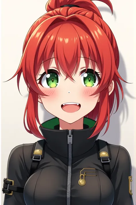 Create a girl with a ponytail and bangs, red hair and green eyes, wearing a black hunters costume and an anime-like smile.