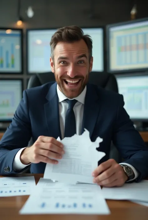  I want a realistic image of a man in a suit , tearing paper ,  he must be sitting in an office chair ,  looking directly at the camera a happy and very expressive face ,  behind him several monitors with spreadsheets ,  the image should convey the idea th...