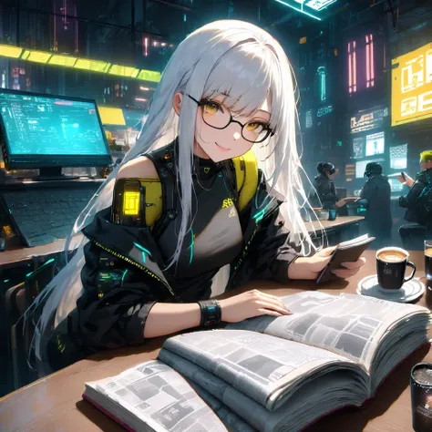 She has a book labeled “Sea Art.AI, Off-Shoulder, smile, Meeting, 1girl, solo, long hair, white hair, masterpiece, best quality, very aesthetic, absurdres, bangs, Lots of monitoring, lots of work, glasses,The digital newspaper is unfolded and read, Stylish...