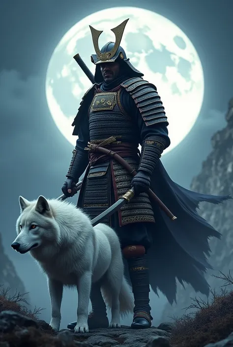 An imposing full-bodied samurai ,  with a white wolf at his side and the full moon in the background