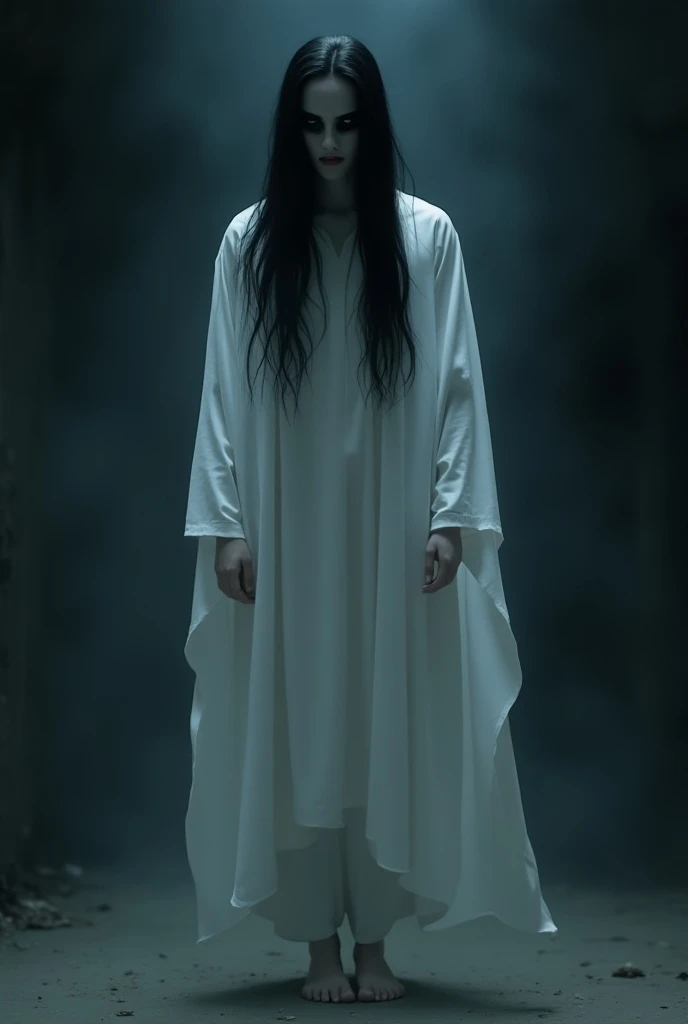 Cinematic Ghost Black Haired Man Dressed In White Black Eyes Pale Face Standing Floating Not Wearing Footwear