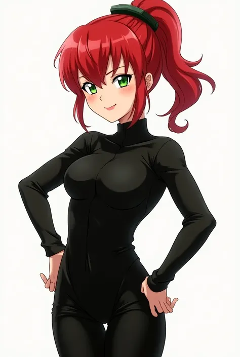 Create a girl with a ponytail down 
And bangs with red hair and green eyes in a black hunters suit and an anime-like smile