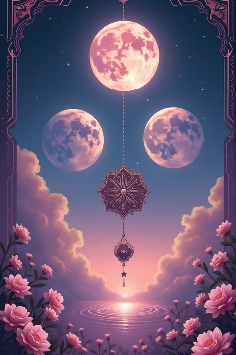  Create an image to play tarot of the three phases of the Moon , In shades of pink purple and blue ,  with pink flowers around and in the middle a pendulum game board 