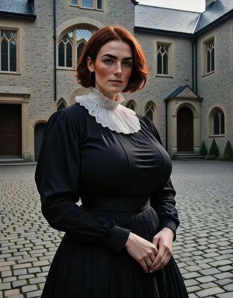 Photorealistic, cinematic style, a picture of a beautiful British woman standing in the courtyard of a Elizabethan manorhouse. cobbled stone pavement, grey stone walls, small stained glass windows. She is wearing a black Elizabethan era dress with high nec...