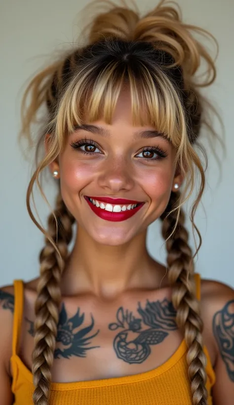 Professional photo of a fullbody an 18-year-old girl smiling with afro, American eyes large green fleshy mouth with red lipstick, earring , sweaty skin with imperfections,tattooed, hair with braids and blonde bangs, intricate details ( 8k super realistic)