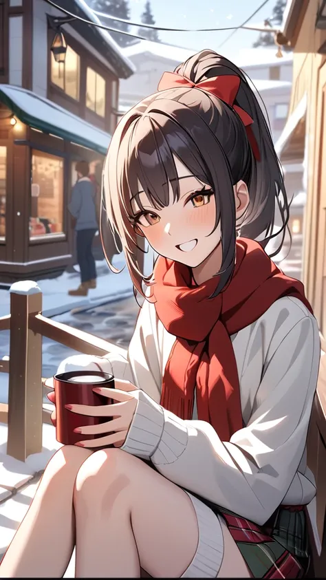 1 girl, ( cute face),  smiling ,  medium hair,  ponytail, sweater,  Plaid Skirt , Small breasts, Adolescent girl, 親しみやすい表情  
break, Winter Street Corner , (Warm Light:1.2),  Snowy Scenery ,  Relaxed Atmosphere ,  
break, Hot drinks,  Wearing a Santa Hat , ...