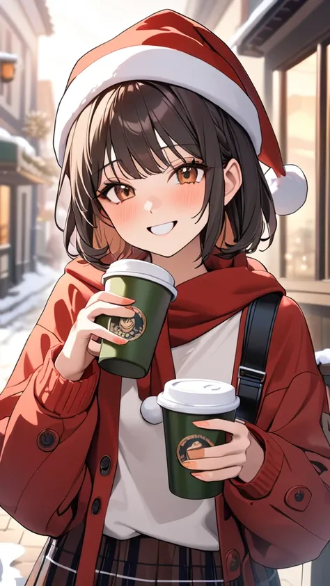 1 girl, ( cute face),  smiling ,  medium hair,  ponytail, sweater,  Plaid Skirt , Small breasts, Adolescent girl, 親しみやすい表情  
break, Winter Street Corner , (Warm Light:1.2),  Snowy Scenery ,  Relaxed Atmosphere ,  
break, Hot drinks,  Wearing a Santa Hat , ...