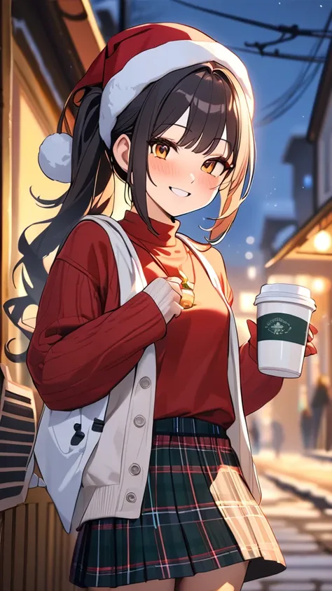 1 girl, ( cute face),  smiling ,  medium hair,  ponytail, sweater,  Plaid Skirt , Small breasts, Adolescent girl, 親しみやすい表情  
break, Winter Street Corner , (Warm Light:1.2),  Snowy Scenery ,  Relaxed Atmosphere ,  
break, Hot drinks,  Wearing a Santa Hat , ...