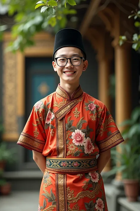 A young man wearing a Thai traditional costume, black glasses and a black hat, stands smiling with his hands behind his back. 