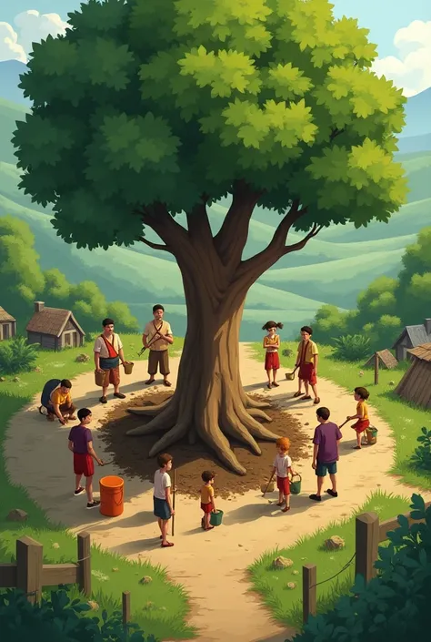 Villagers Come Together to Help the Tree
The entire village gathers around the tree, bringing tools, water, and nutrients. Some villagers dig the soil around the roots to make it easier for the tree to absorb water, while others carefully prune its branche...