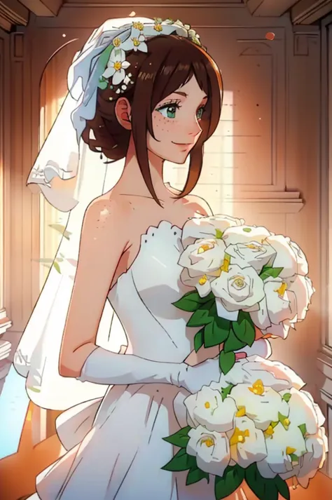 a young woman with brown hair, green eyes and freckles, smiling softly. she is wearing a white wedding dress and a white veil, h...