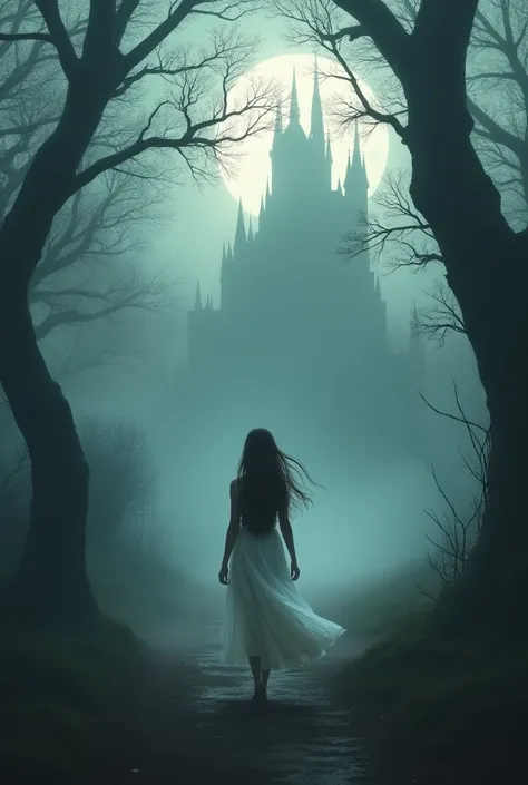 Beautiful girl with long hair，Wearing a white dress，Walking in a misty forest ， Old and distorted trees ， with a blurry outline of a castle in the distance, there is a blood moon in the upper left corner of the castle，Branches swaying ，mist floating，Interw...