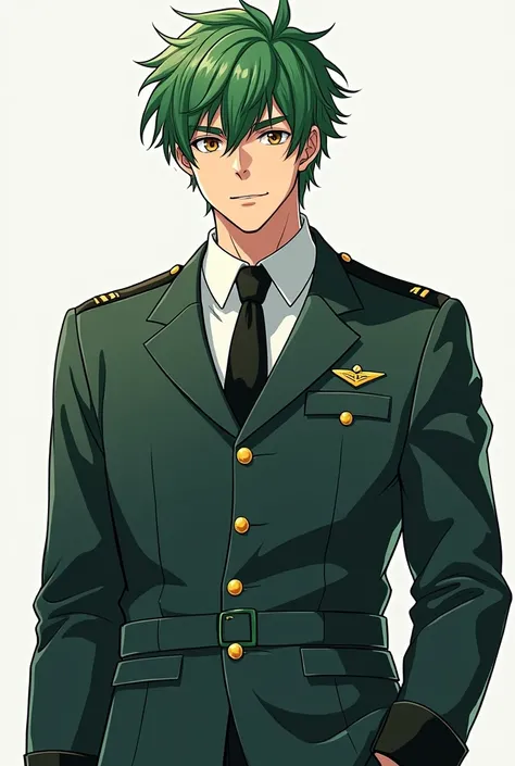 Semi realistic, handsome boy, muscular body, uniforms clothes, green hair, hazel eyes, tall.