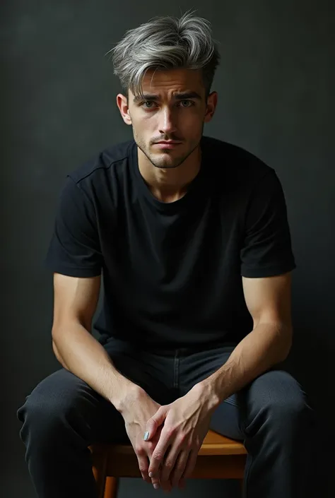 masterpiece, best quality, impasto, solo, 1 male, handsome, 22-years-old man, gloomy, short hair, grey hair, pale brown eyes, black t-shirt, black nails, thin, awkward smile, upper body,sitting on a chair , hands on chair, look anxious, dark ground