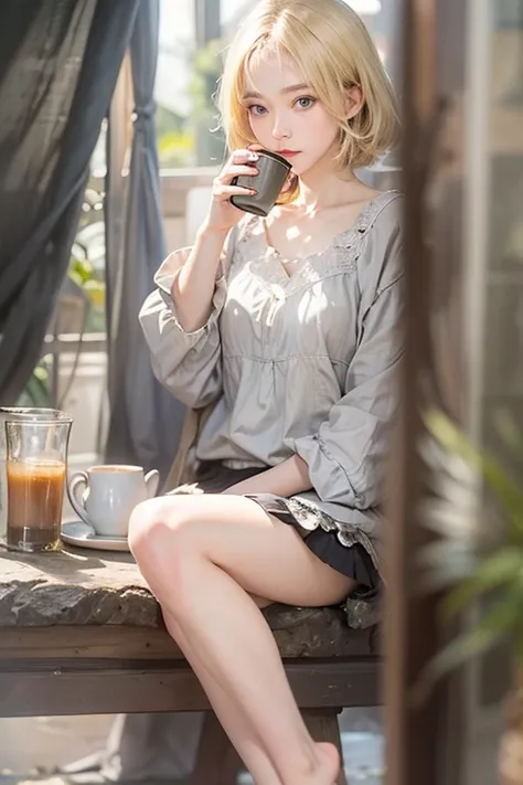 masterpiece: 1.2, Portraiture, Best Quality), Realistic, ( live-action ,   intricate details,   The Depth of Written Boundaries), Best Quality, masterpiece,   Attention to details, semi-Realistic, 朝に DRINK COFFEE  , shy, 2, Short blonde,   blue eyes , blon...