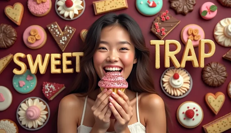 Create an impactful image of a person smiling at a sweet treat in their hands, with images of various sweets in the background. Add a striking phrase to the image, such as "SWEET TRAP" in bold, uppercase letters with a golden tone.