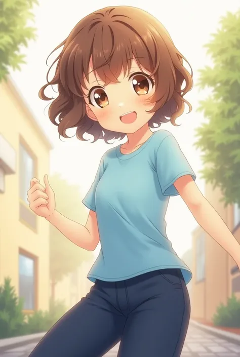 Create a girl with curly and slightly short hair, brown eyes and sky blue t-shirt, uniform type and navy blue pants, bell type anime 