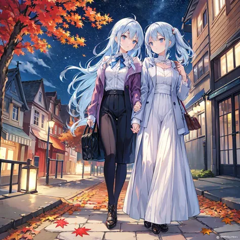 Silver Blue Haired Beautiful Girl ,Autumn Clothes,Promenade,autumn leaves, Illuminations,night