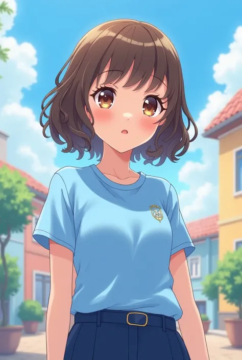 Create a girl with slightly short curly and brown hair, brown eyes and sky blue uniform t-shirt and navy blue pants, bell type anime 