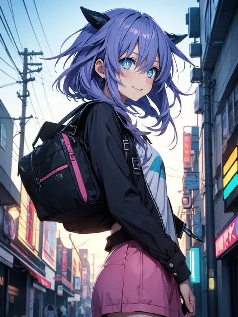 Masterpiece picture quality，Rainbow，Urban girl，ssmile，number art，style of anime，Retro anime girl，Punk girl，in an anime style，dual horsetail，Trendy，neonlight，depth of fields, perfil delantero