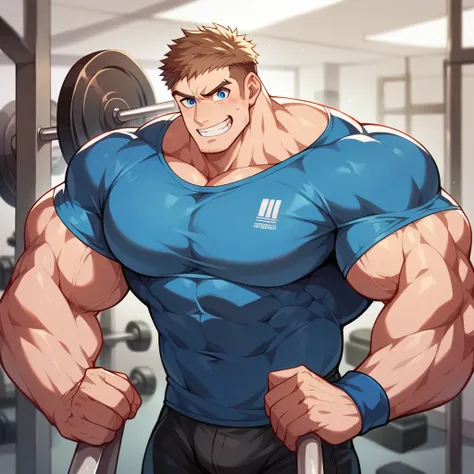 a very handsome man, muscular, massively large biceps, exaggeratedly huge biceps, Exaggeratedly huge muscles, massively large muscles, massively large and muscular body, exaggeratedly huge and muscular body, very large and muscular torso, blue eyes, wearin...