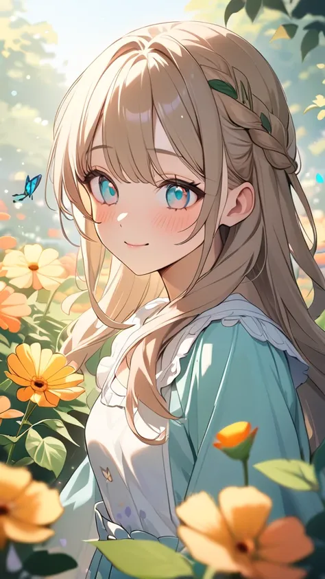 1 girl, ( cute face), Big Eyes,  long hair,  braided ,  Pretty Girl Game Outfits,  Tunic Blouse , Small breasts, Gentle atmosphere, 優しい微笑み  
break, In the flower garden, (Soft Light:1.2),  Pastel Colors , Calm atmosphere,  
break,  Colorful Flowers 々, Litt...