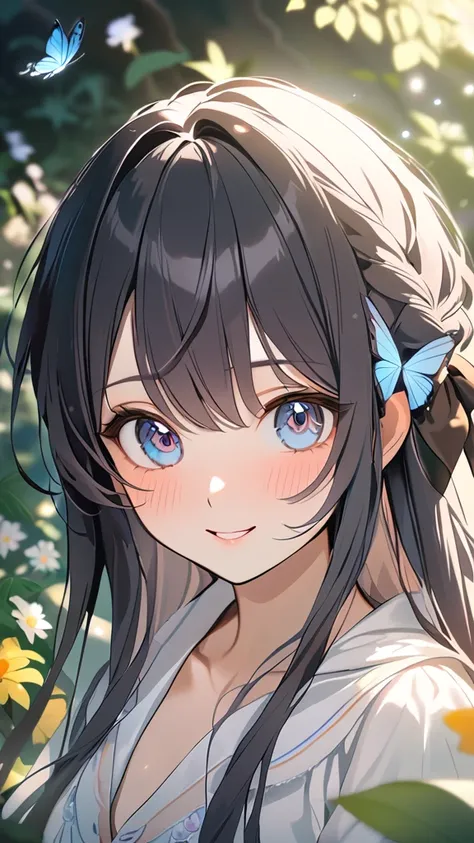 1 girl, ( cute face), Big Eyes,  long hair,  braided ,  Pretty Girl Game Outfits,  Tunic Blouse , Small breasts, Gentle atmosphere, 優しい微笑み  
break, In the flower garden, (Soft Light:1.2),  Pastel Colors , Calm atmosphere,  
break,  Colorful Flowers 々, Litt...