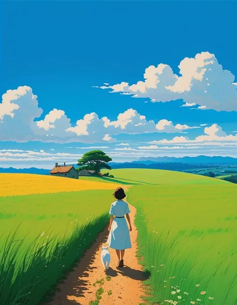 (minimalism:1.4), woman and a cat, studio ghibli art, miyazaki, pasture with blue sky and white clouds