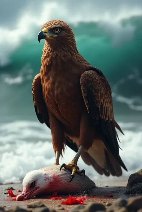 A powerful brown eagle fiercely dominates the scene, its powerful claws gripping a defeated and kill the seagull and stands in it on a rocky beach. The eagles detailed feathers showcase rich browns and subtle capturing the intricate textures and patterns. ...