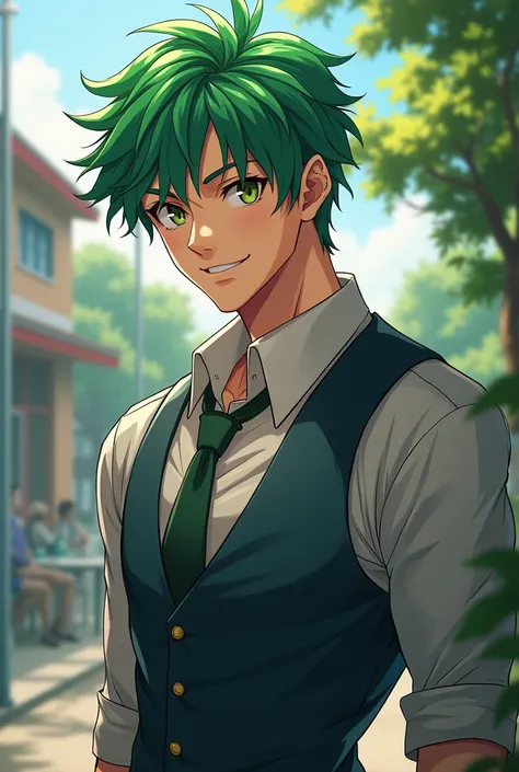 Semi realistic, handsome boy, muscular body, uniforms clothes, green hair, hazel eyes, tall, high school boy, naughty smile.