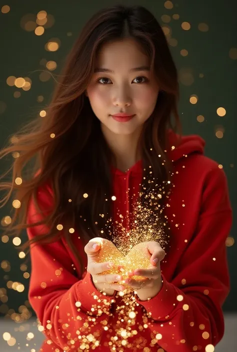 A brown-haired Thai woman wearing a red hoodie is spinning water glitter